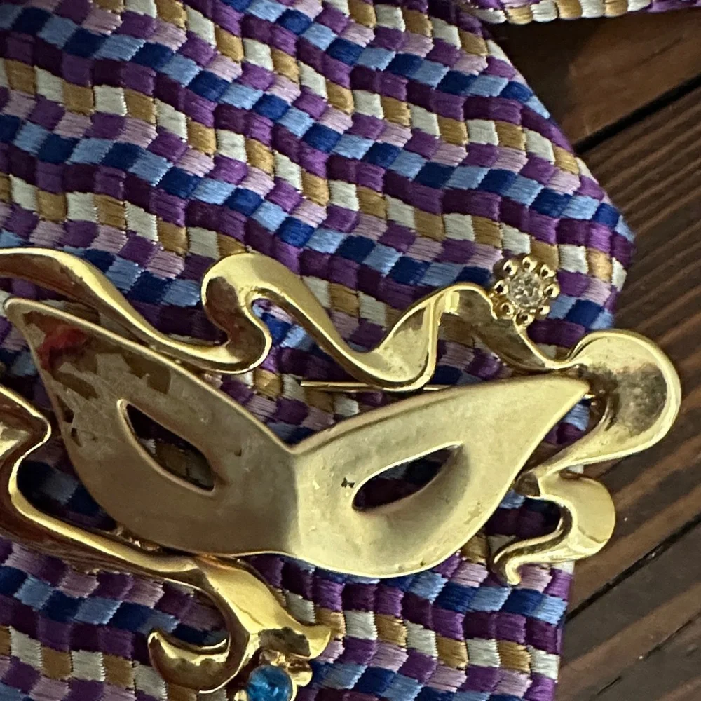 Purple and Gold Beaded Necklace with silk tie & Brooch